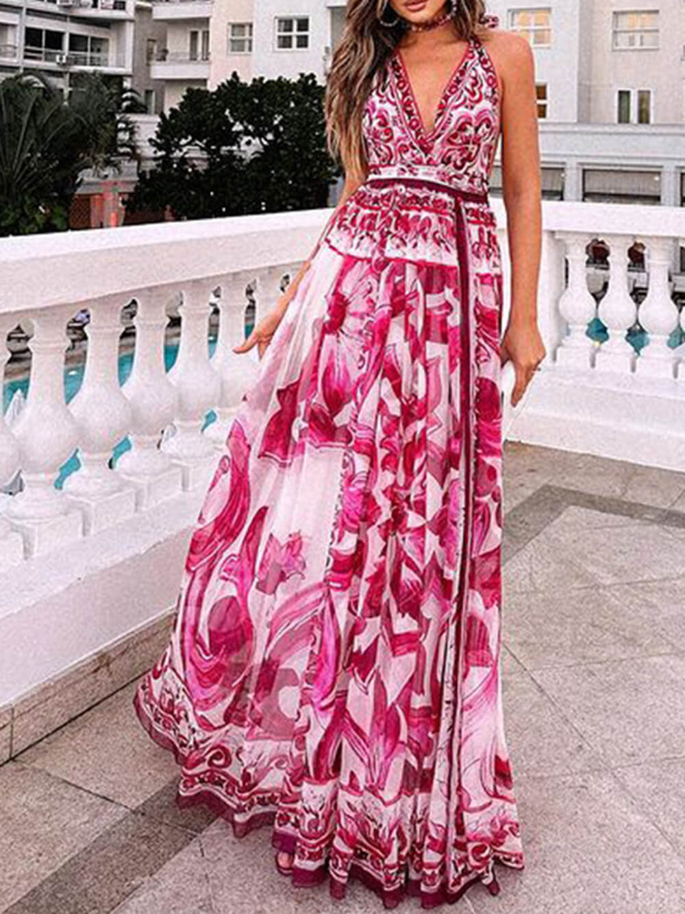 Halter Neck Backless Printed Fashionable Maxi Dress