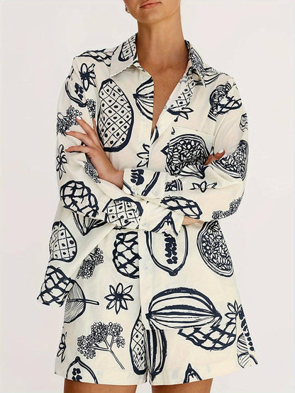 Summer Fruit Print Loose Shirt Shorts Set