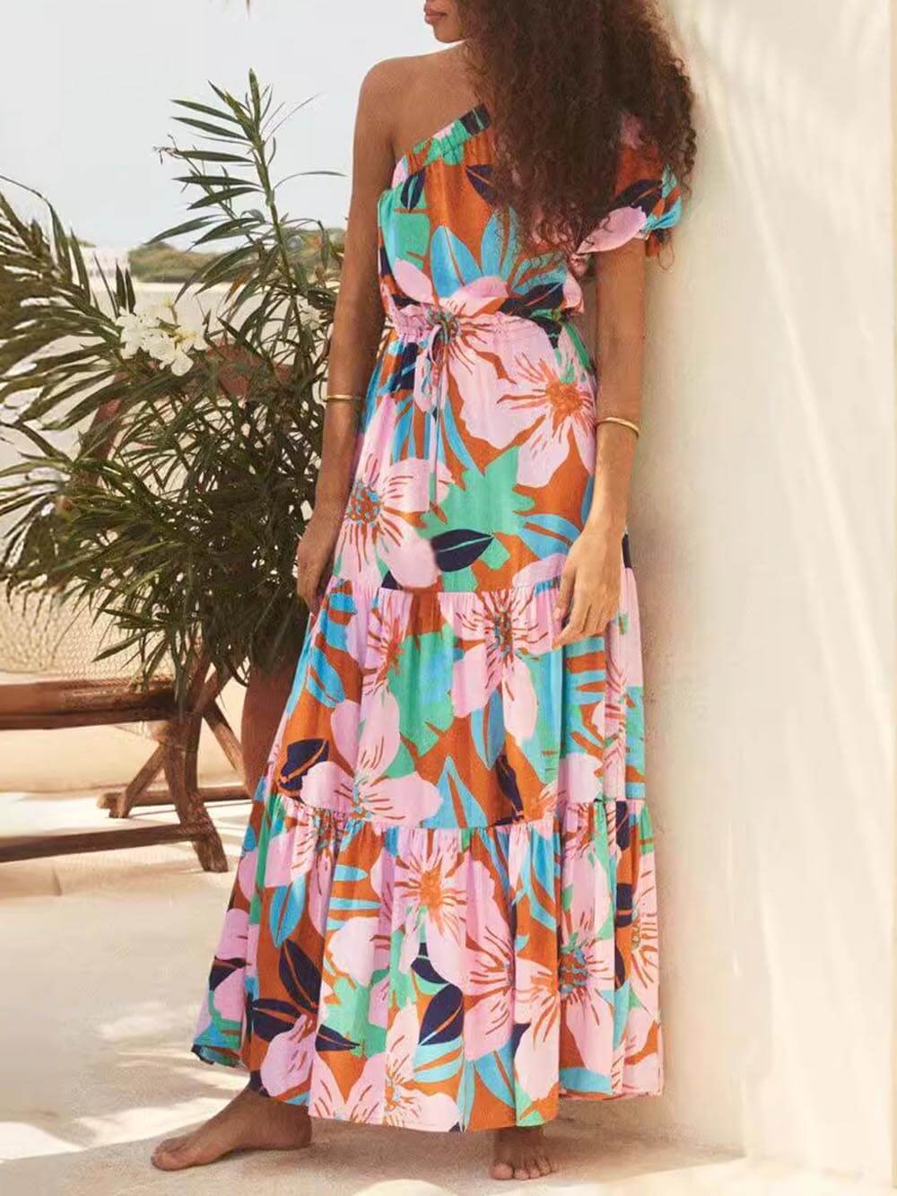 Palm Leaf Print Off-Shoulder Holiday Style Floral Dress