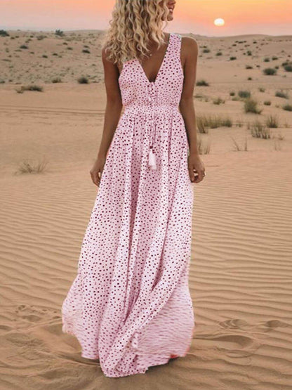 Bohemian V-Neck Sleeveless Polka-Dot Maxi Skirt