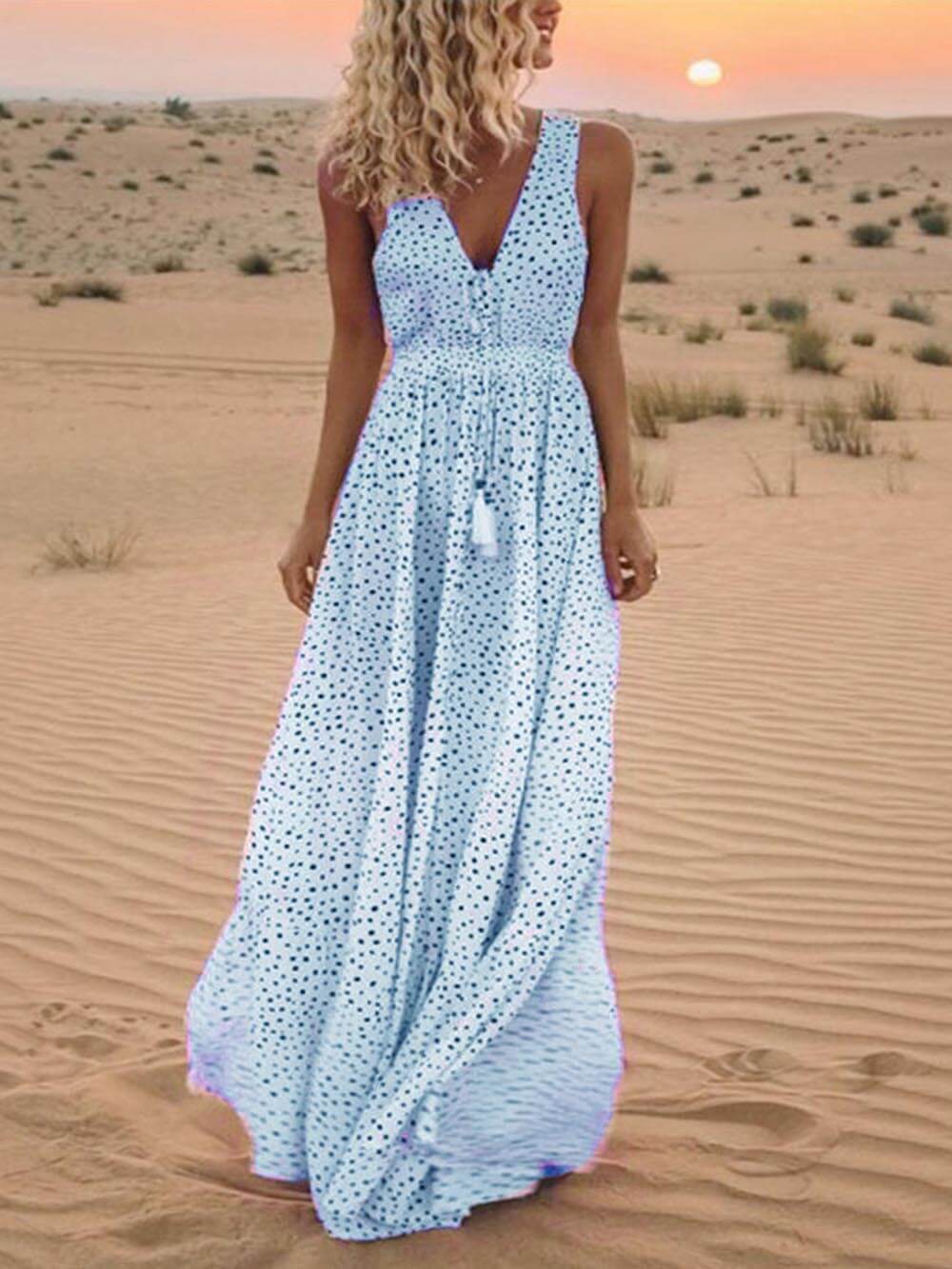 Bohemian V-Neck Sleeveless Polka-Dot Maxi Skirt