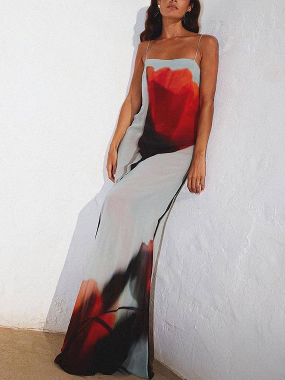 Vacation Abstract Tulip Print Slip H-Line Maxi Dress