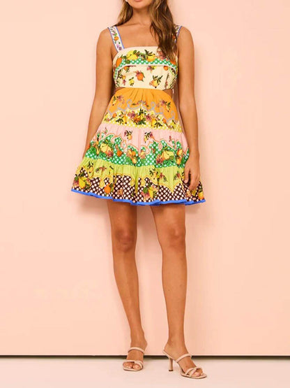 Summer Multicolor Lemon Preated Hem Mini Dress