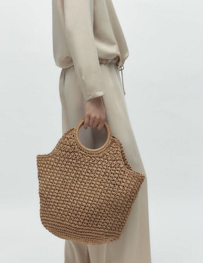 Khaki Straw Cross Basket Bag