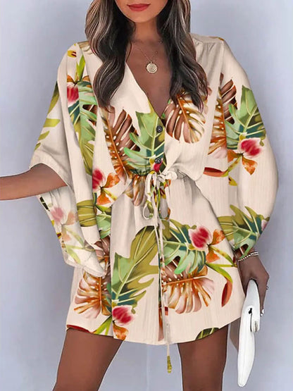 V-Neck Tie Printed Batwing Sleeve Dress