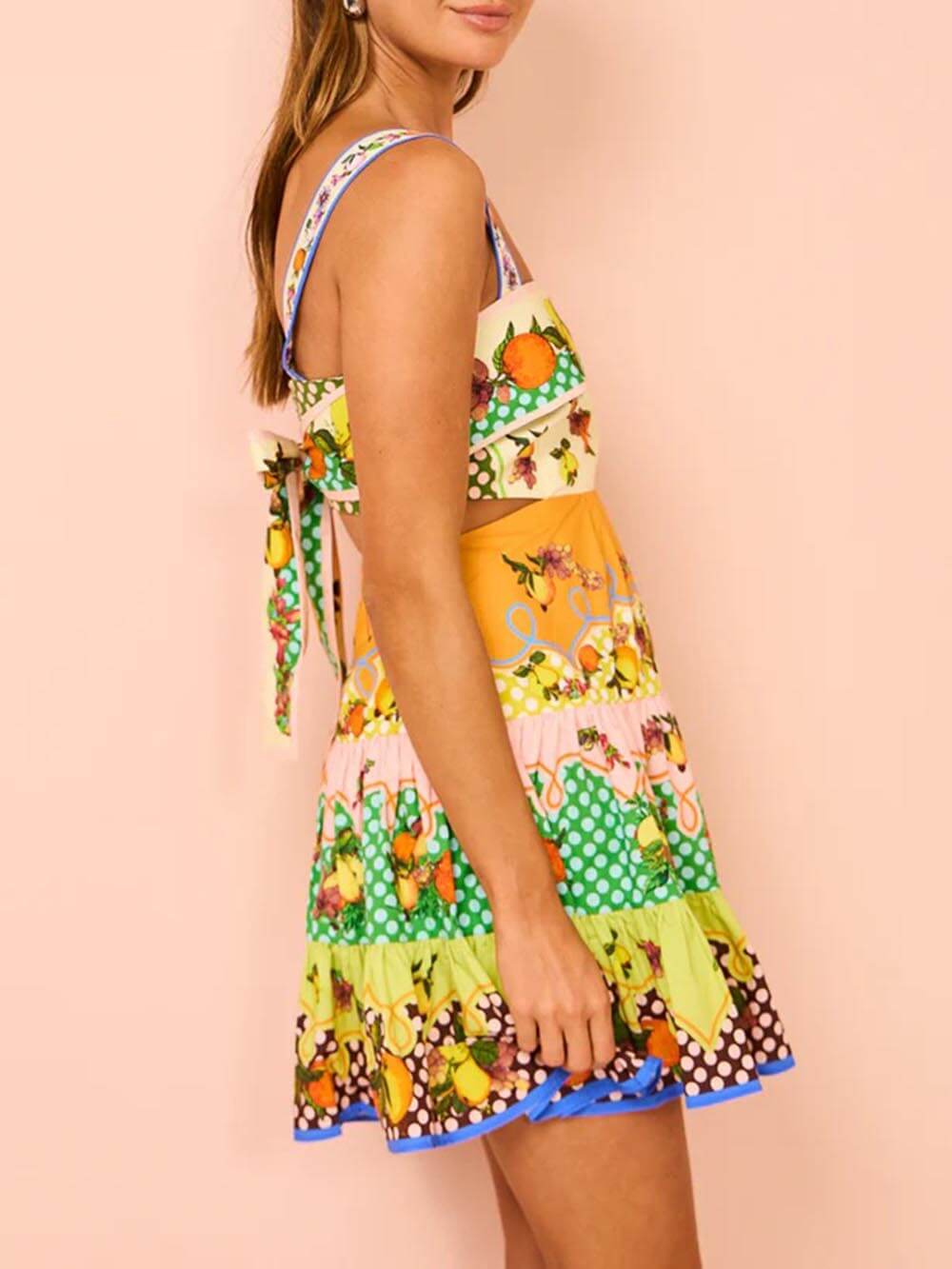 Summer Multicolor Lemon Preated Hem Mini Dress