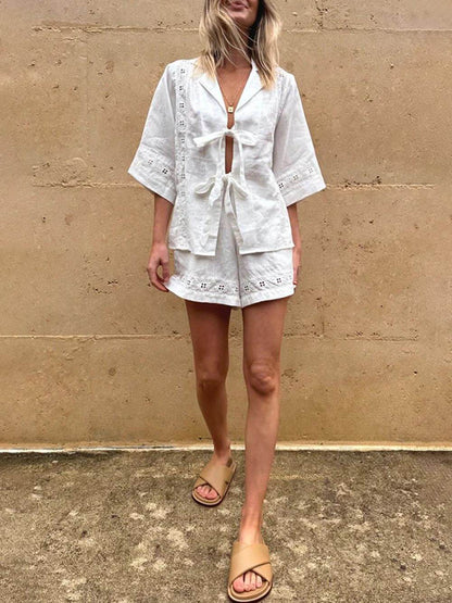 Summer Strappy Hollow Short-Sleeved Shirt And Shorts Two-Piece Set