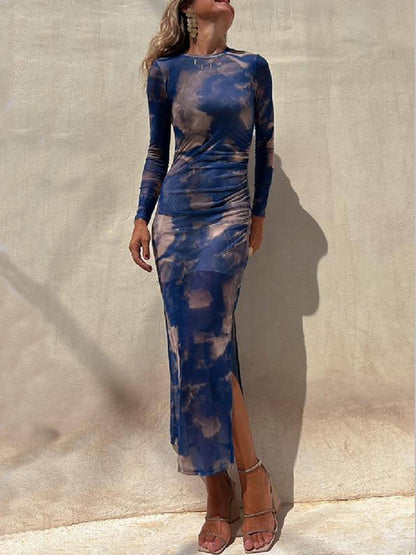 Charm Lady Mesh Overlay Tie Dye Print Long Sleeve Ruched Stretch Midi Dress