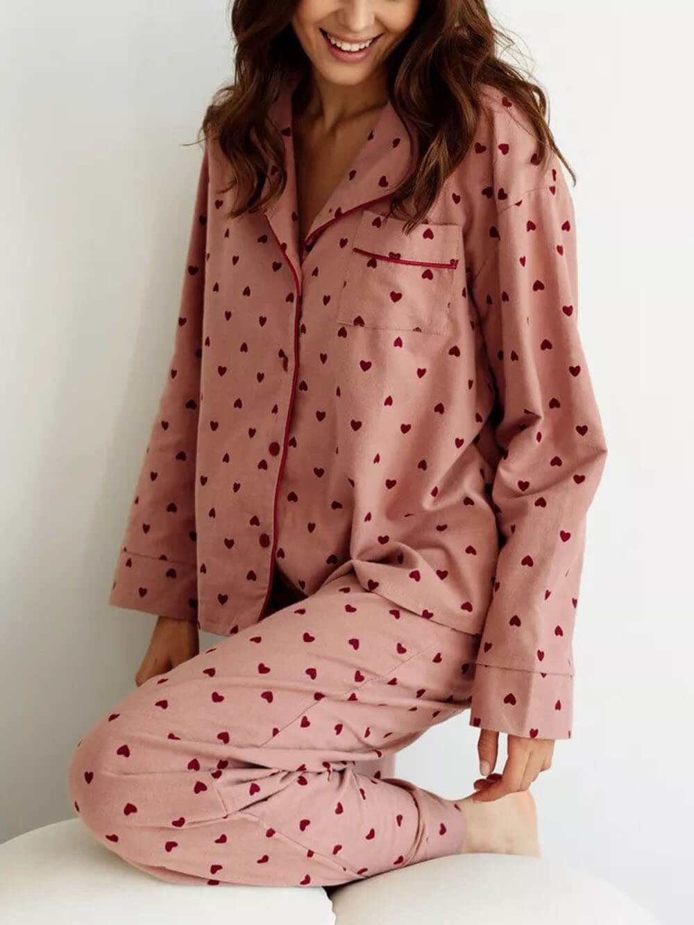 Heart Pattern Lapel French Pajama Set