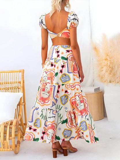 Summer Printed Top And Wrap Skirt Two-Piece Suit