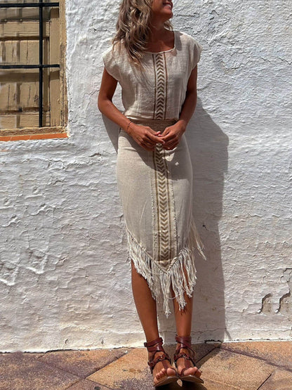 Ethnic Print Wrap Tassel Midi Skirt