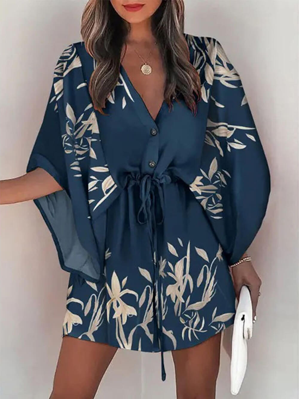 V-Neck Tie Printed Batwing Sleeve Dress