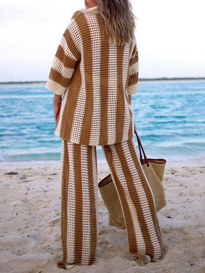 Fashion Loose V-Neck Hollow Out Striped Shirt Wide Leg Pants Set