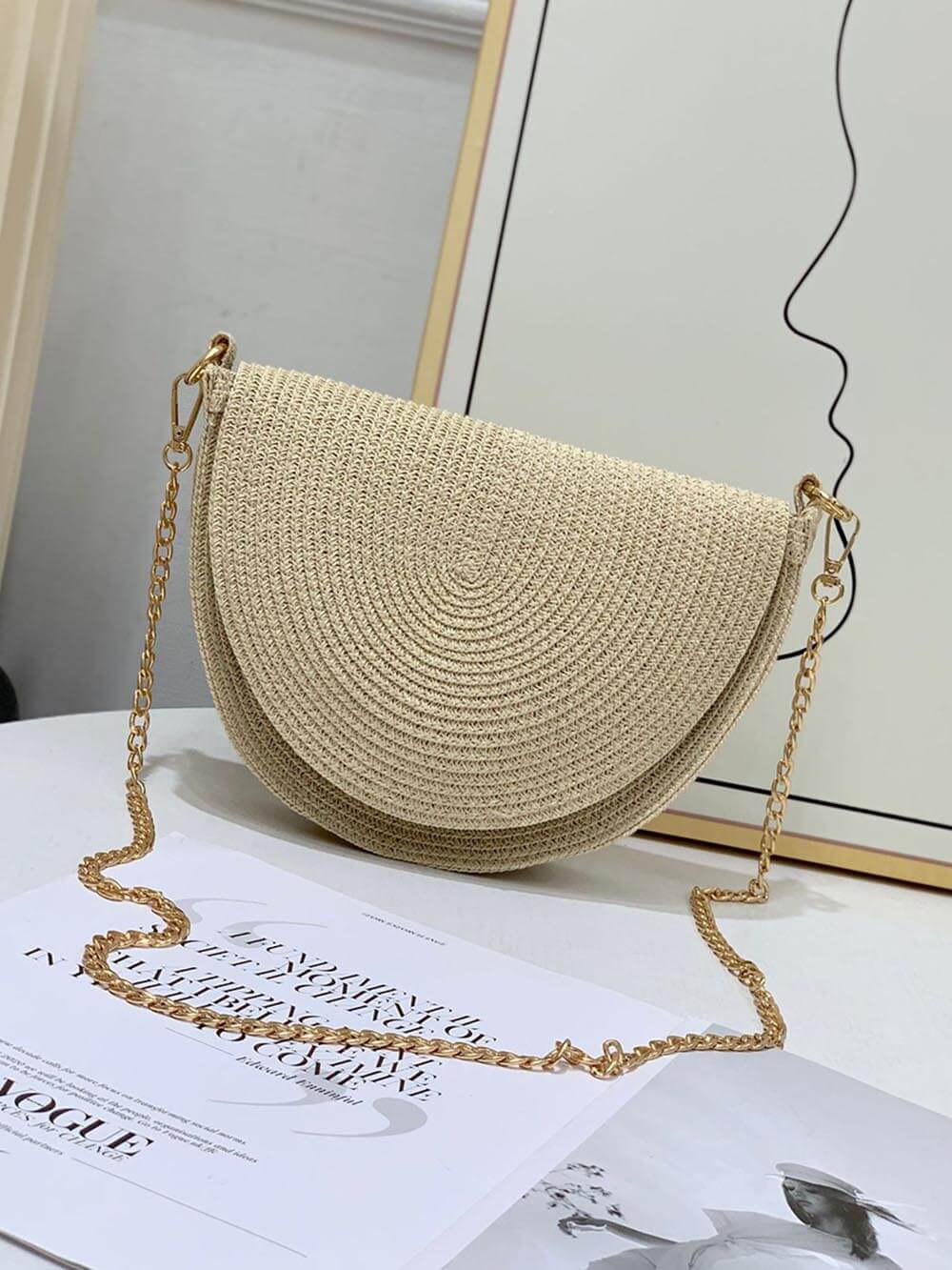 Semicircle Braided Small Fragrant Chain Straw Bag