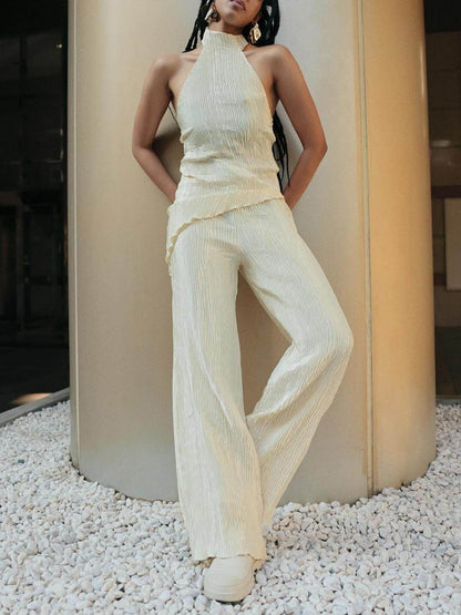 Sleeveless Halter Top High Waist Casual Wide Leg Trousers Suit