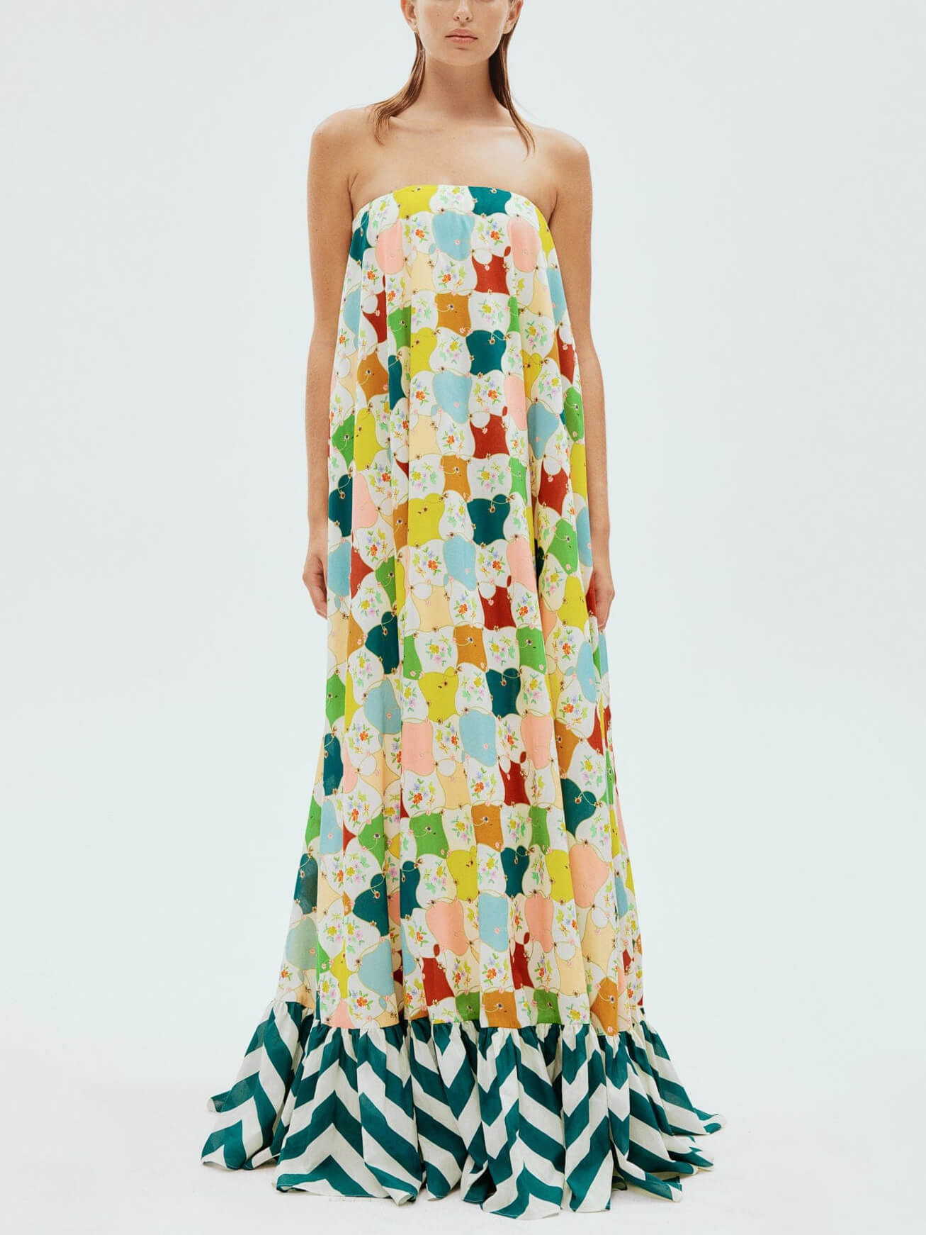 Unique Print Contrast Sleeveless Off-The-Shoulder Maxi Dress