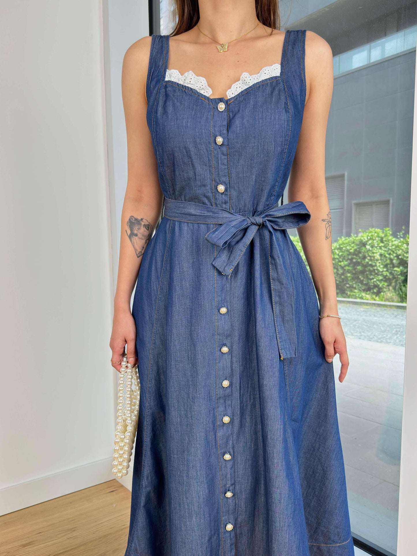 Denim Square Neck Casual Midi Dress