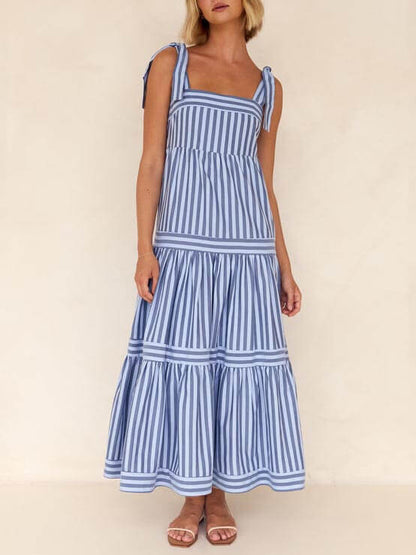 Lace-Up Striped Square-Neck Midi Dress