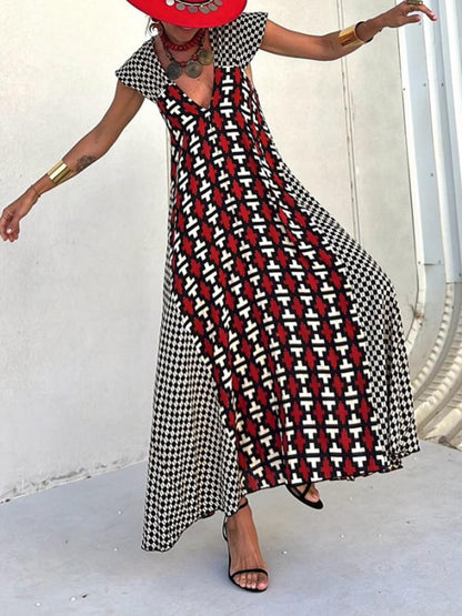 Ethnic Unique Print Ruffle Sleeve A-line Maxi Dress