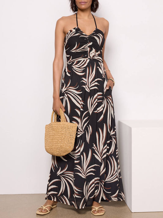 Palm Print Pleated Embellished Hanging Neck Pocket Extra Maxi Dress