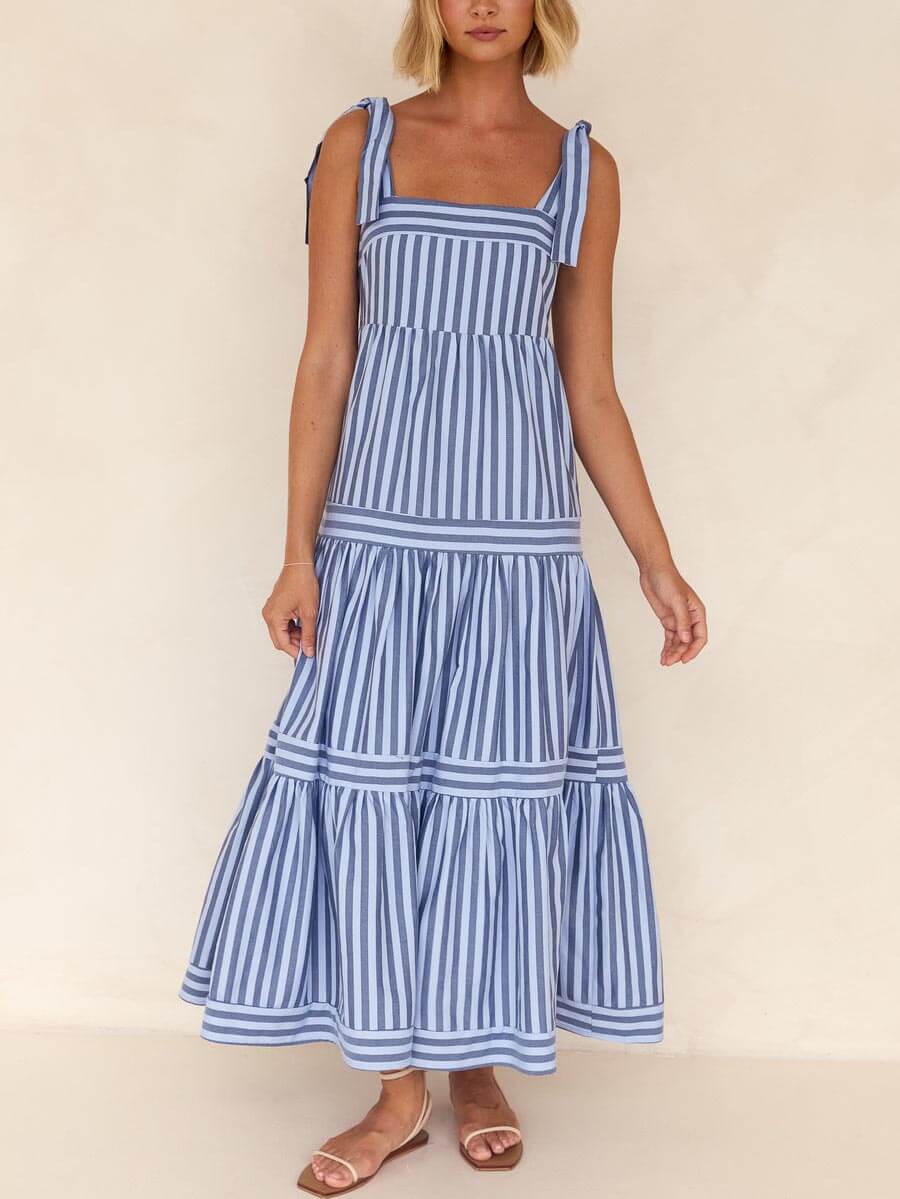 Lace-Up Striped Square-Neck Midi Dress