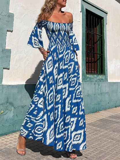 Vacation Ethnic Print Smocked Off Shoulder Pocketed Maxi Dress