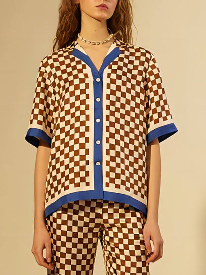 Unique Checkerboard Print Blue Stripe Patchwork Loose Top