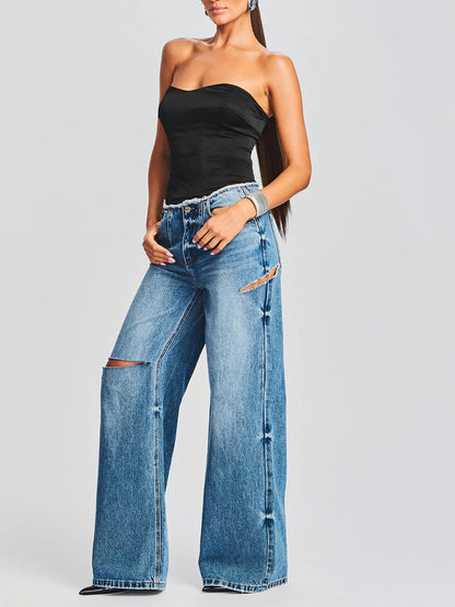 Classic Fringed Ripped Wide-Leg Jeans