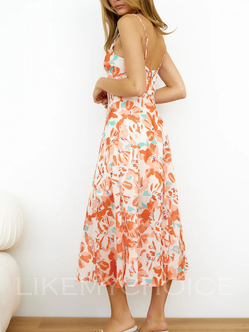 V-Neck Twisted Backless Cami Flowy Vacation Midi Dress