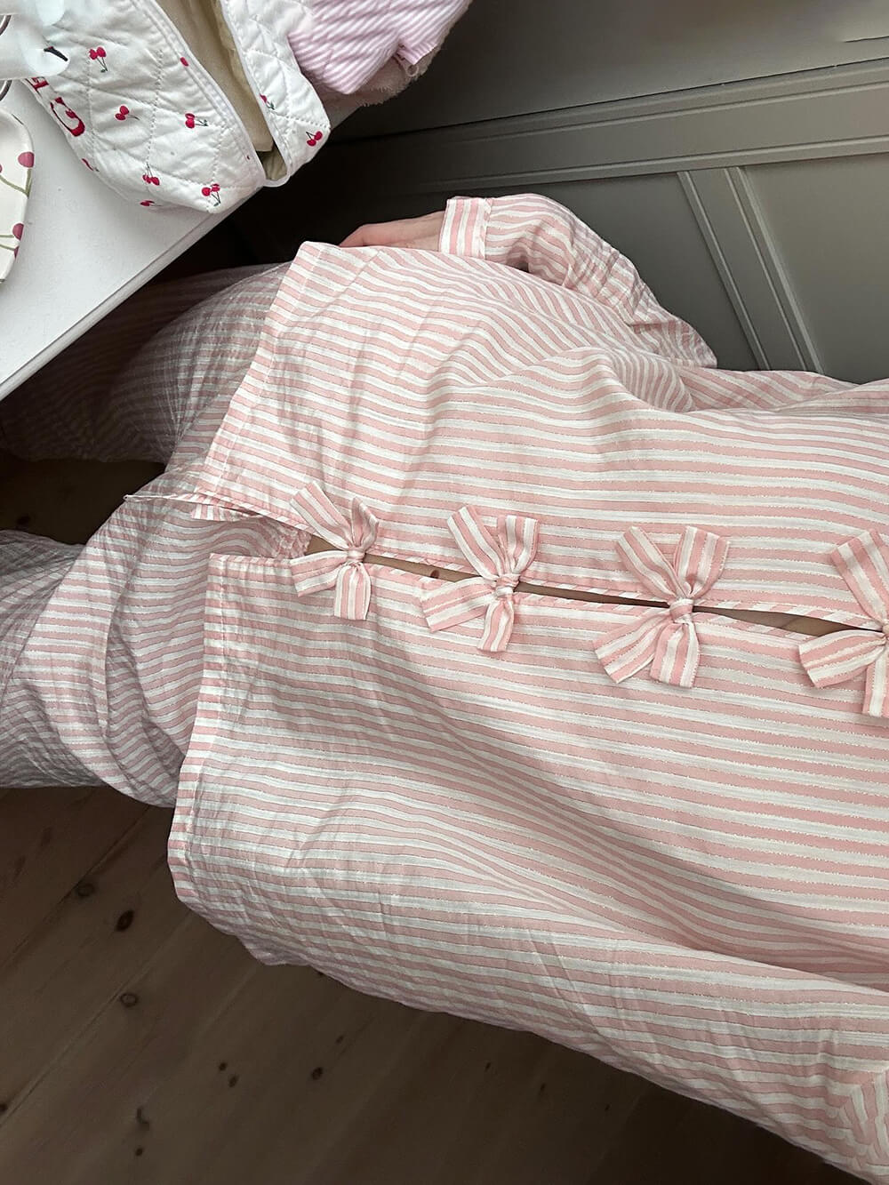 Loose Peach Ribbon And Bow Patchwork Pajama Set