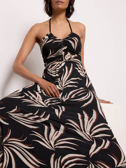 Palm Print Pleated Embellished Hanging Neck Pocket Extra Maxi Dress