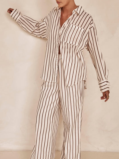 Loose Casual Striped Patchwork Shirt And Wide-Leg Pants Suit