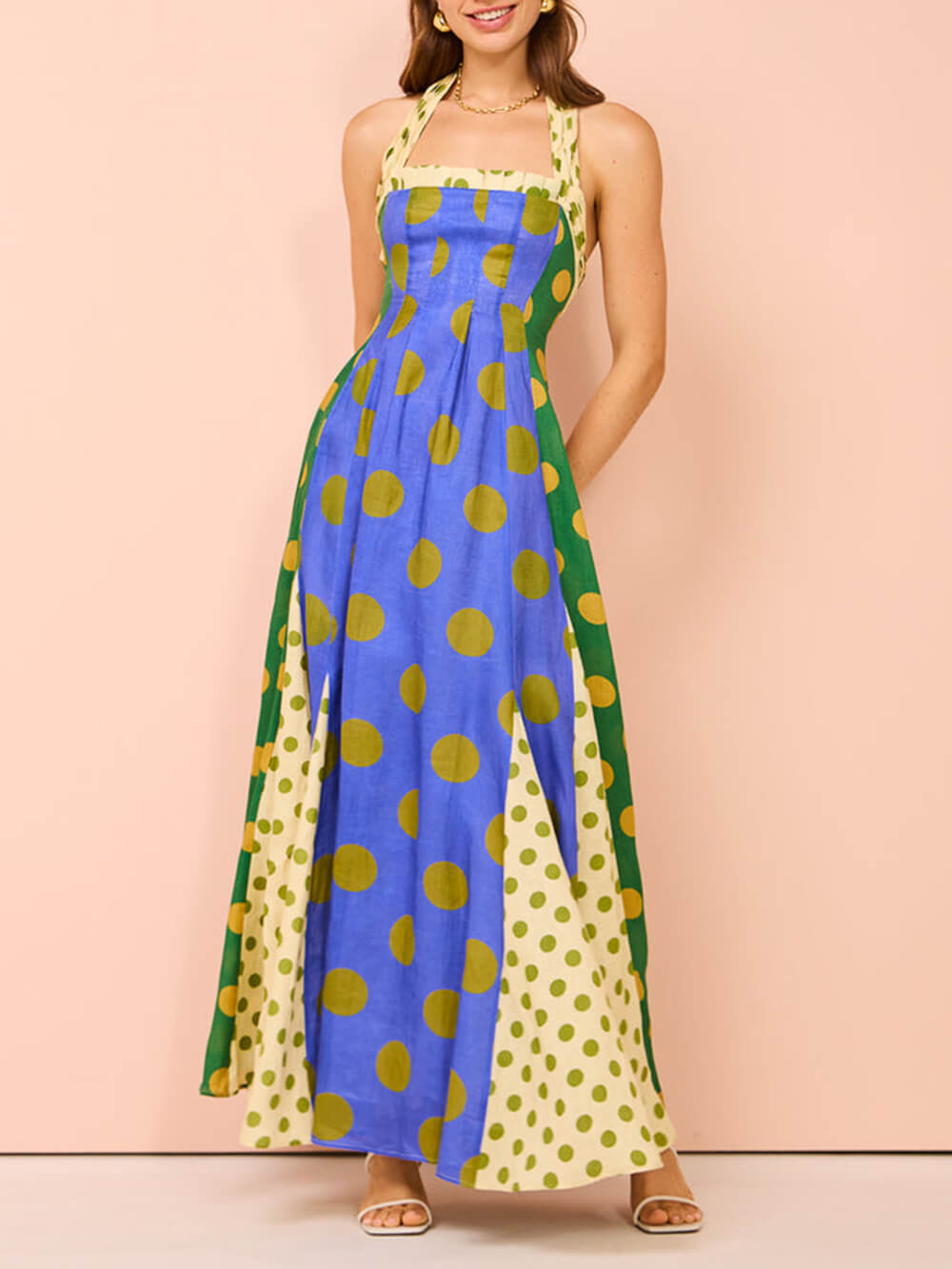 Ethnic Feature Polka Dots Halter Midi Dress