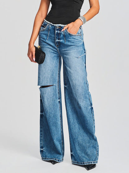 Classic Fringed Ripped Wide-Leg Jeans