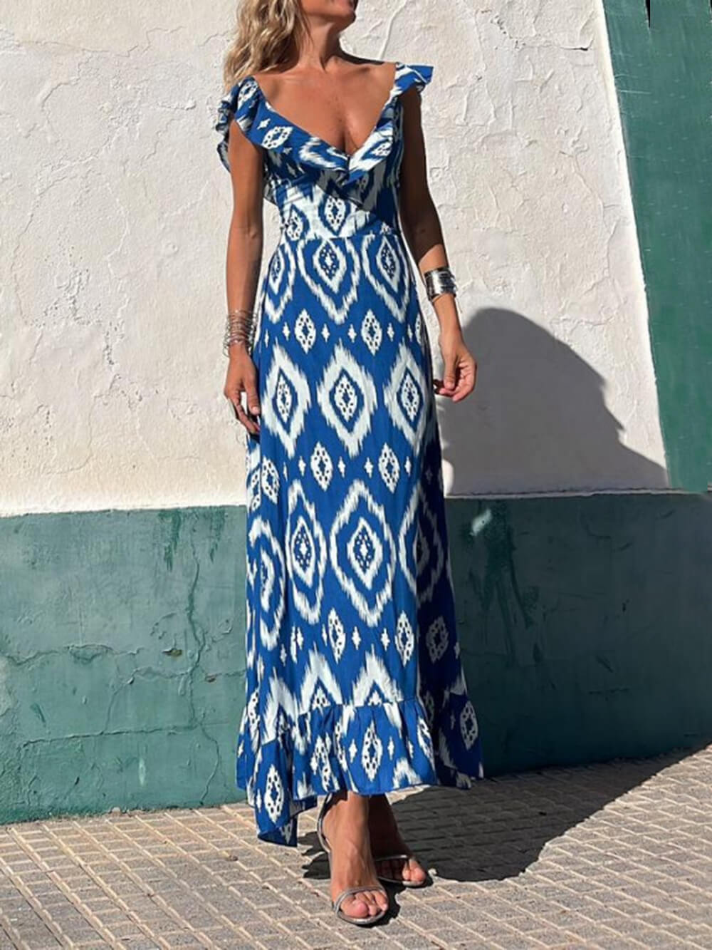 Ethnic Print Smocked Bust Ruffle Neck Maxi Dress