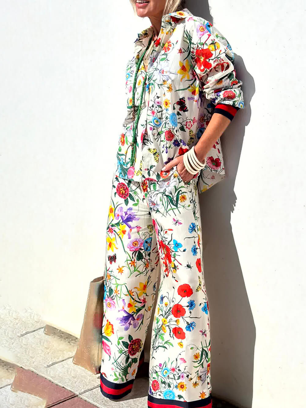 Floral Unique Print Elastic Waist Pocketed Wide Leg Pants