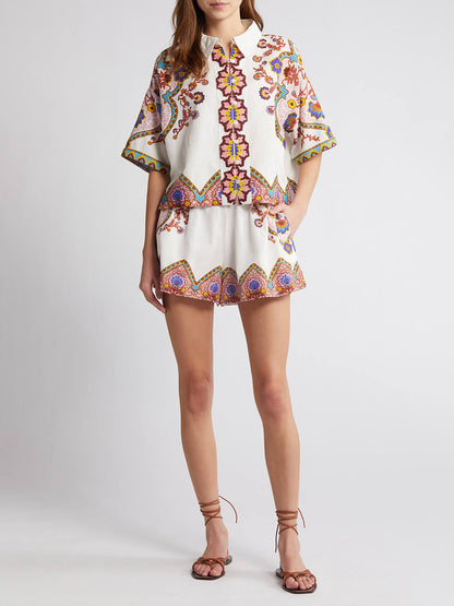 Ethnic Floral Print Shirt And Shorts Suit