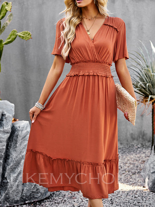 V-Neck Flutter Short Sleeve Boho Dresses