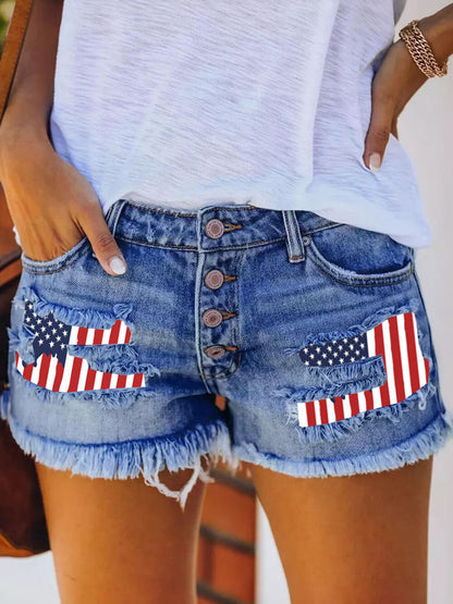 Casual Ripped Flag Print Fringed Denim Straight Shorts