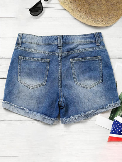 Flag Cuffed Ripped Straight Denim Shorts