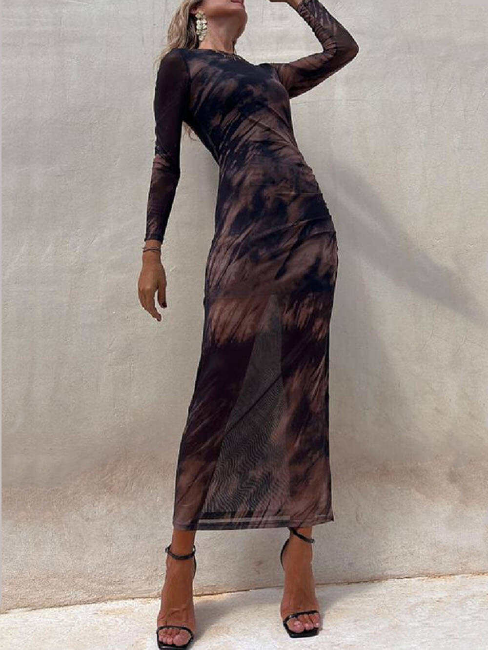 Charm Lady Mesh Overlay Tie Dye Print Long Sleeve Ruched Stretch Midi Dress