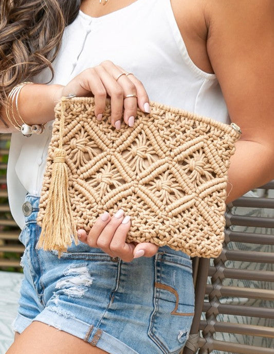 Diamond Pattern Macrame Tassel Clutch