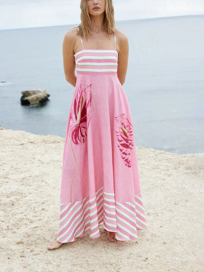 Floral Print Paneled Striped Suspender Maxi Dress