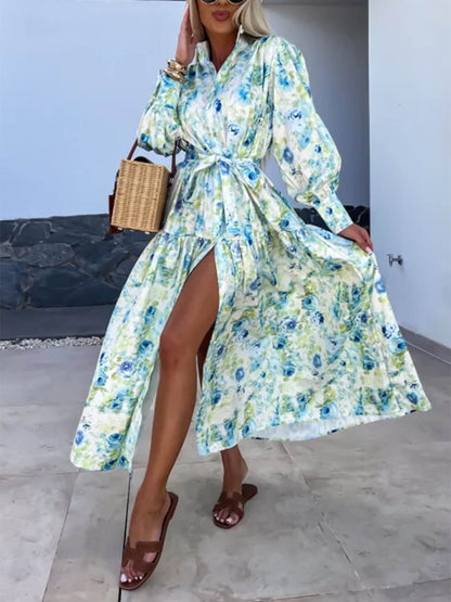 Charming Printed Shirt Buttons Plain Gold Floral Maxi Dress