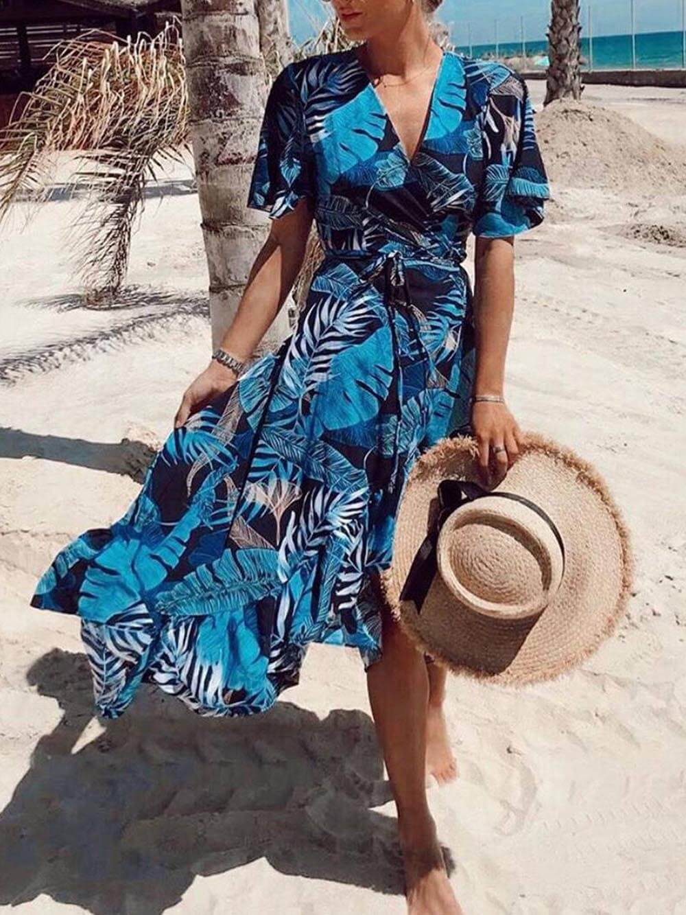 Palm Leaf Print Wrap Over Midi Dress