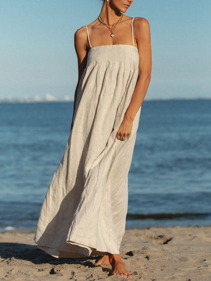 Offshore Pleated Strappy Linen Maxi Dress