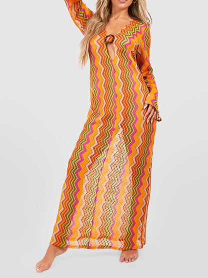 Orange Soda Stripe Print O-Ring Long Sleeve Beach Maxi Dress