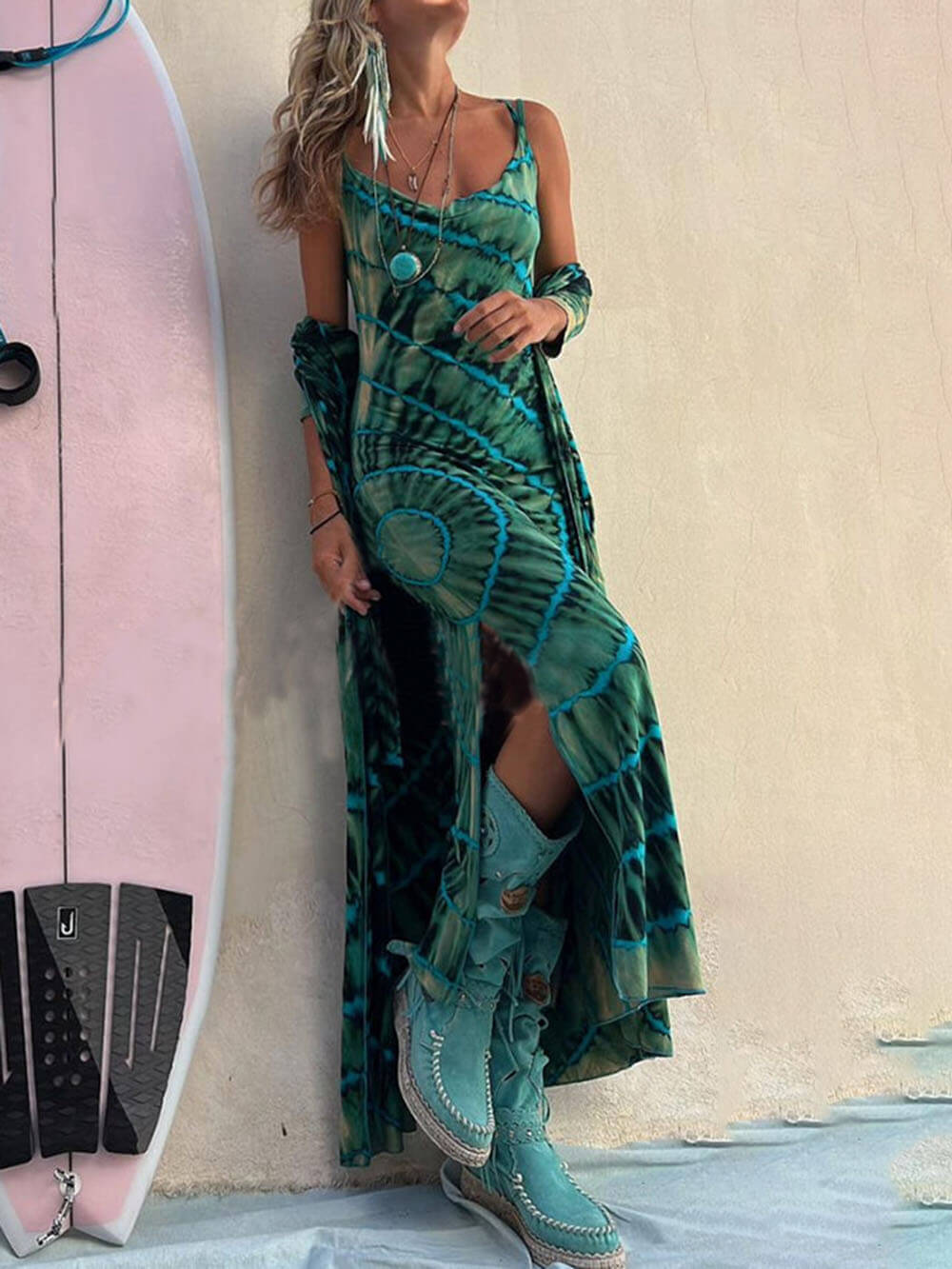 Boho Tie-dye Print Slit Midi Dress