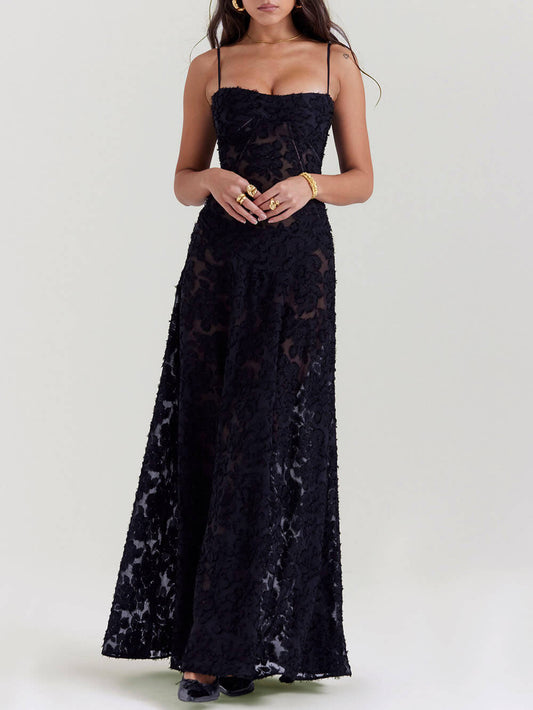 Black Floral Lace Back Maxi Dress