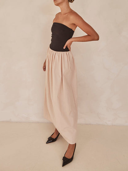 Strapless Black And Sand Paneled Maxi Dress